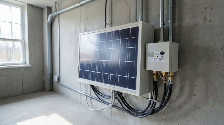 prix batterie solaire installée dans un garage moderne avec câbles bien organisés