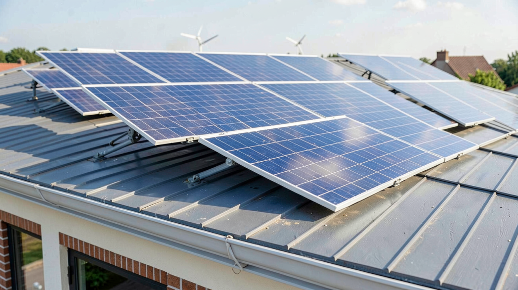 prix batterie stockage photovoltaique montrant une batterie lithium‑ion connectée à des panneaux solaires sous un ciel clair