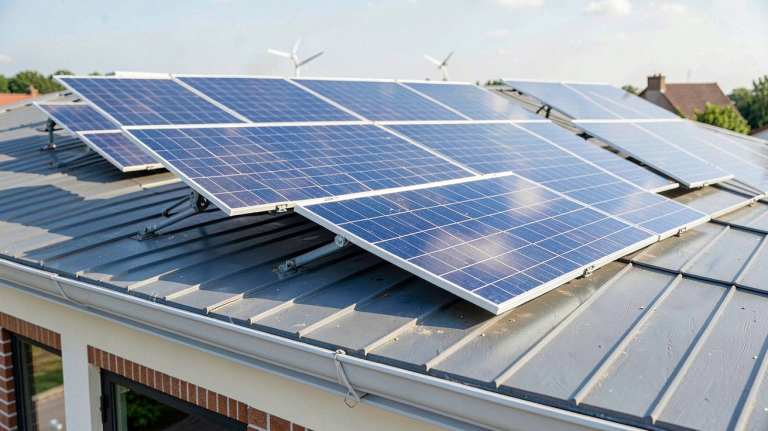 prix batterie stockage photovoltaique montrant une batterie lithium‑ion connectée à des panneaux solaires sous un ciel clair
