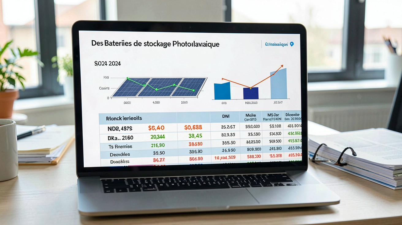 prix batterie stockage photovoltaique comparatif 2024 affiché sur écran d'ordinateur portable avec graphiques et données financières