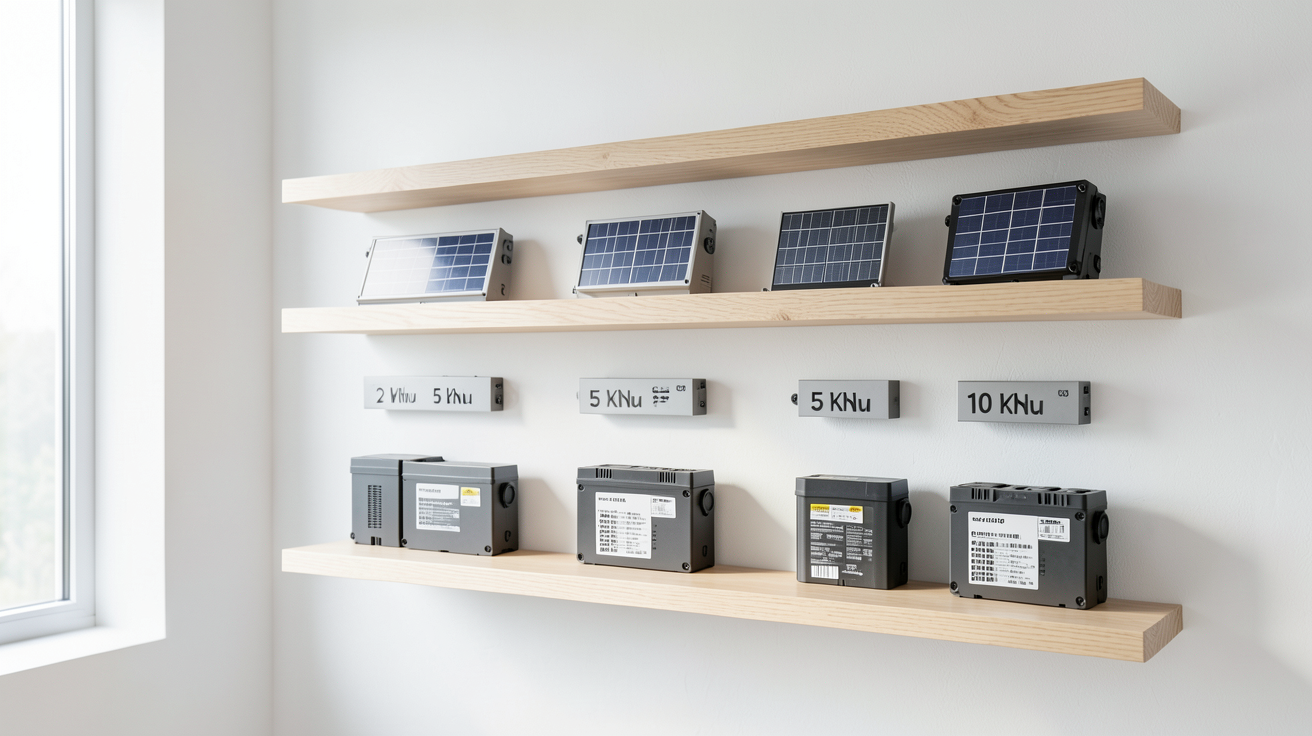 prix batterie stockage solaire : estimation par capacité (2 kWh à 15 kWh) affichée sur des étagères en bois