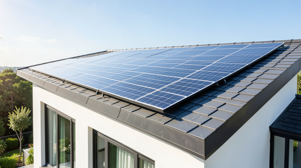 prix capteur photovoltaique installé sur le toit d'une maison moderne avec un panneau solaire brillant