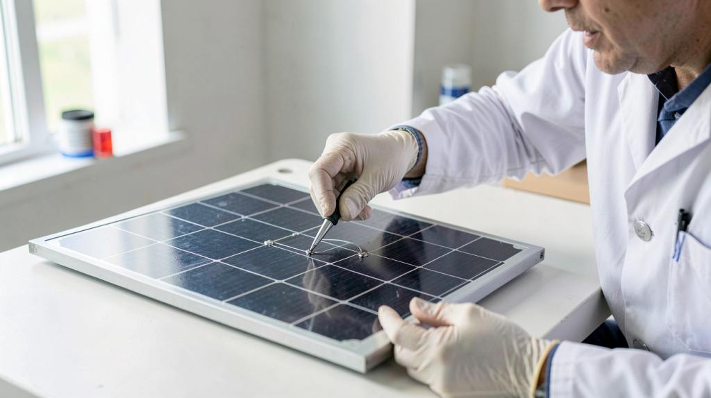 prix cellule photovoltaïque analysée par un technicien en laboratoire sous lumière naturelle