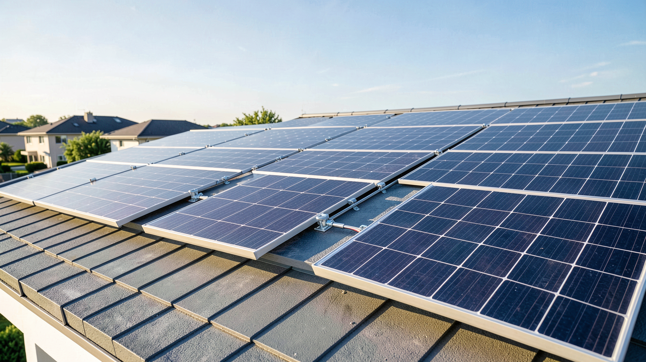 prix cellule photovoltaique panneaux solaires 2024 affichés sur un toit résidentiel moderne