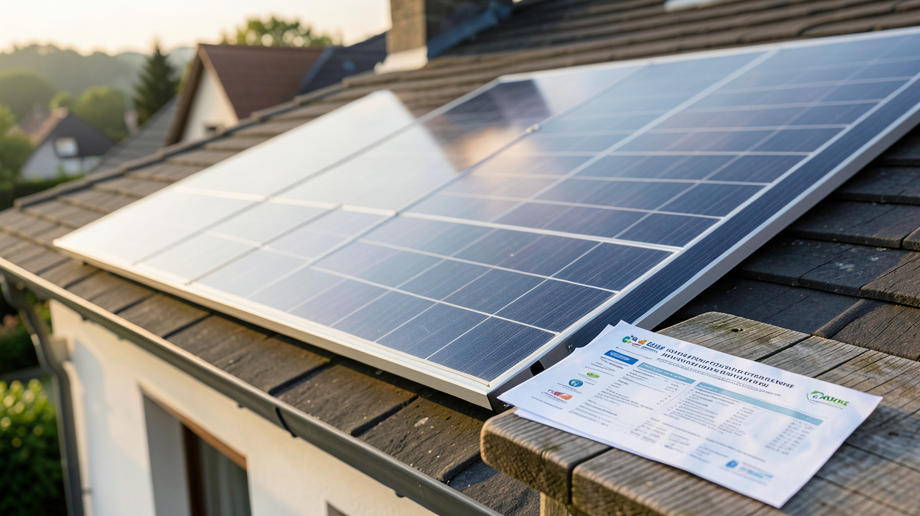 prix chauffage solaire avec aides financières affichées sur des documents officiels à côté d'un panneau solaire thermique sur toit