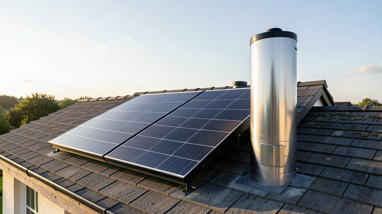 chauffe-eau solaire 200L installé sur un toit avec capteurs thermiques et réservoir en acier inoxydable