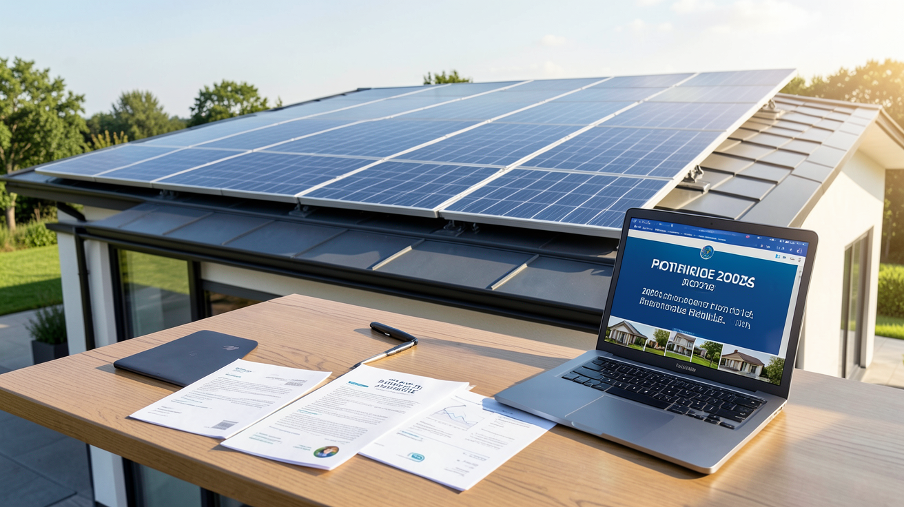 prix d installation photovoltaique affichant les aides financières de 2026 pour le photovoltaïque résidentiel, avec des panneaux solaires, des formulaires d'incitation et un ordinateur, image ultra réaliste.