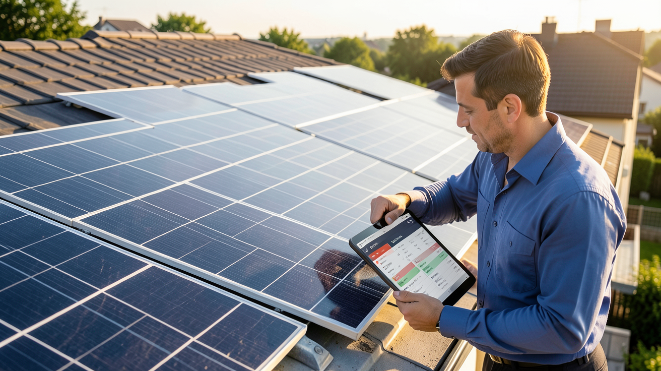 prix d installation photovoltaique installation photovoltaïque avec panneaux solaires sur un toit résidentiel, technicien examinant les coûts sous lumière naturelle
