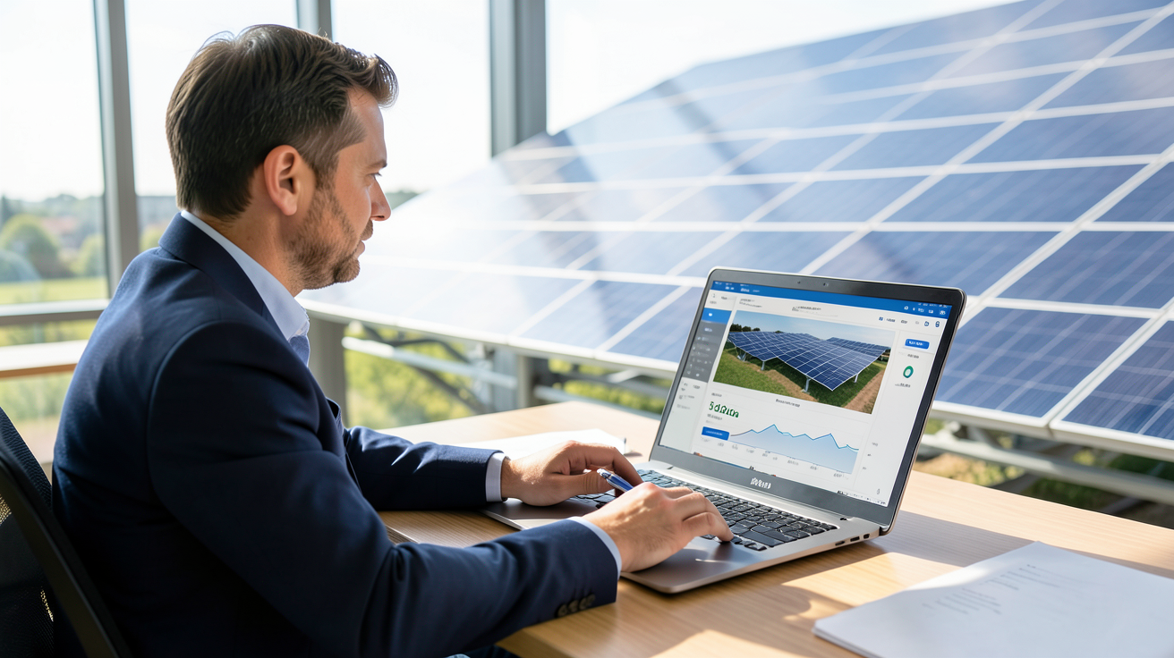 prix d installation photovoltaique simulation de prix et rentabilité pour différents profils, affichée sur un ordinateur portable avec un toit solaire en arrière-plan