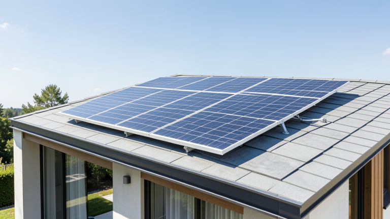 prix d un ballon d eau chaude solaire installé sur le toit d'une maison moderne sous un ciel clair.