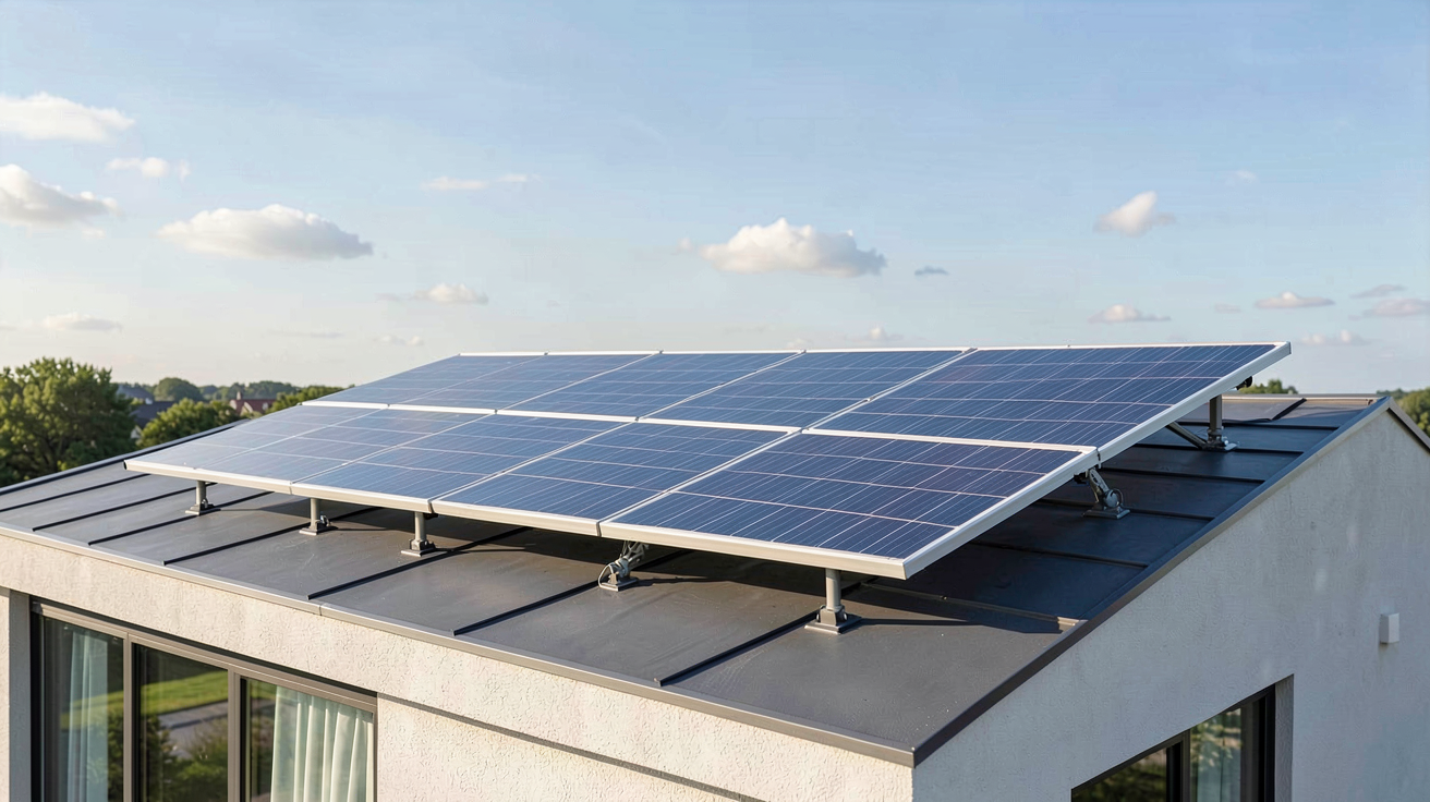 prix d un capteur solaire thermique installé sur le toit d’une maison moderne, sous une lumière naturelle éclatante