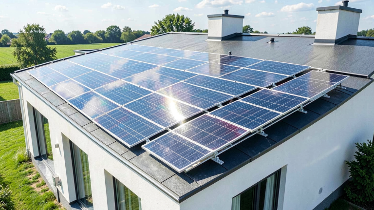 prix d un kit photovoltaique installé sur le toit d'une maison moderne, affichant des panneaux solaires étincelants