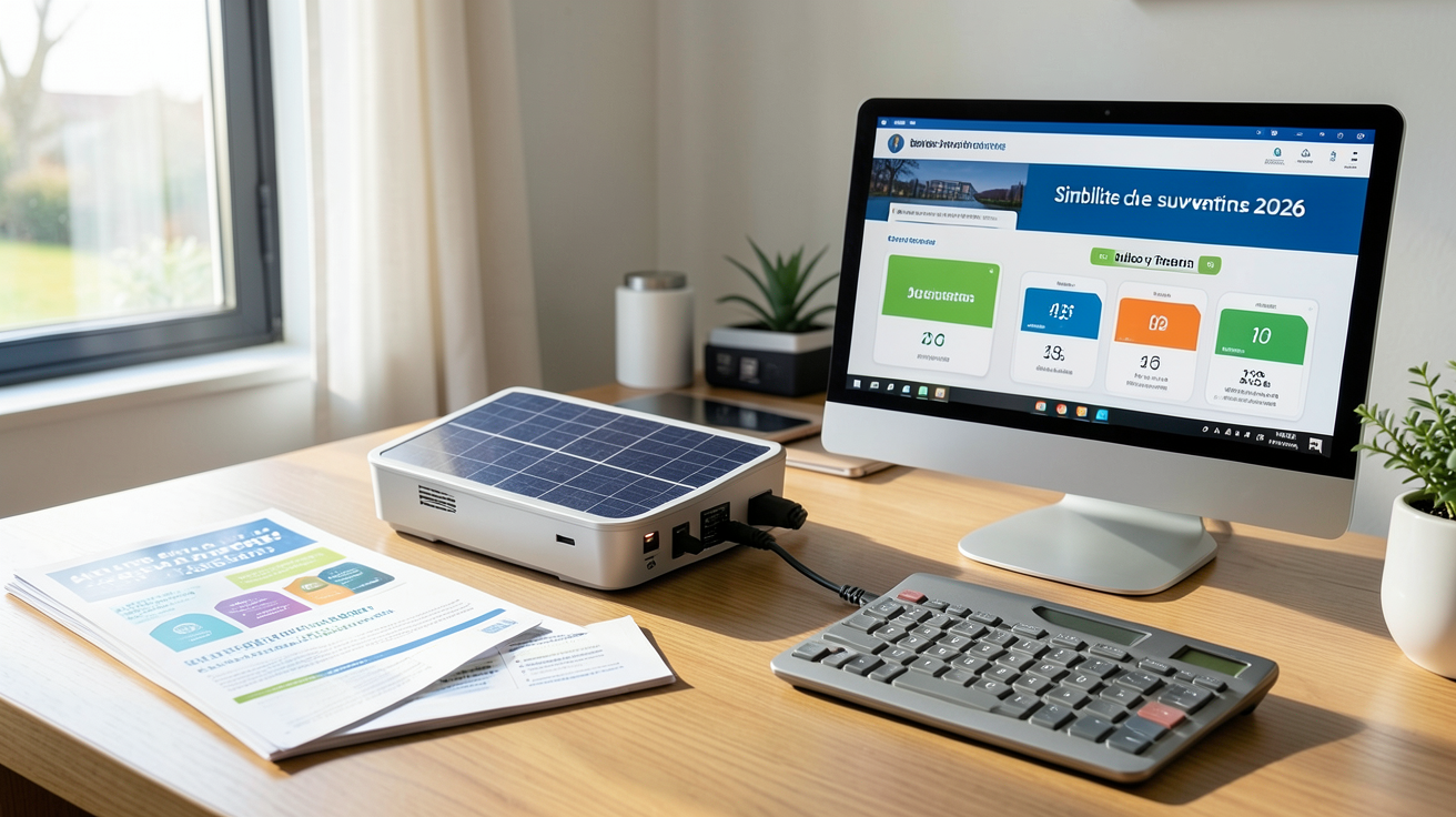 prix d un onduleur pour panneau solaire montrant des brochures d'aides financières et une calculatrice sur un bureau