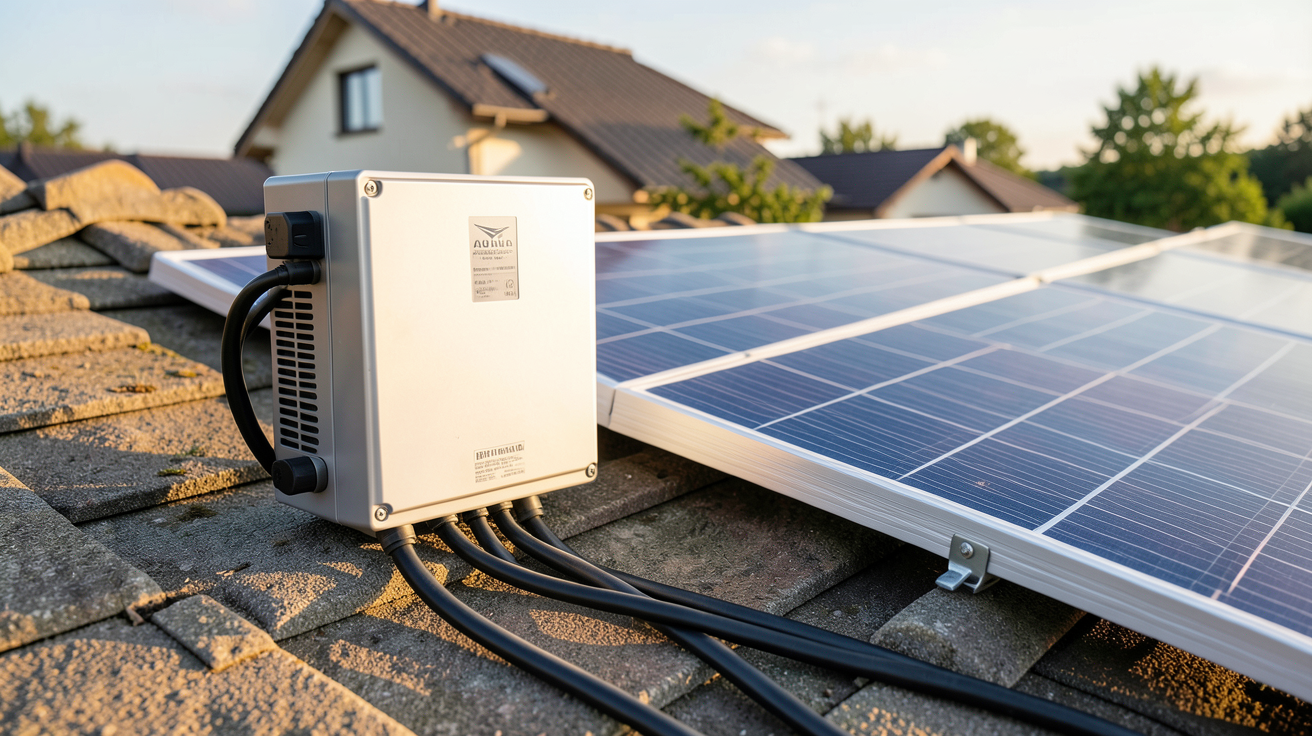 prix d un onduleur pour panneaux photovoltaiques installé à côté d'un panneau solaire sur un toit