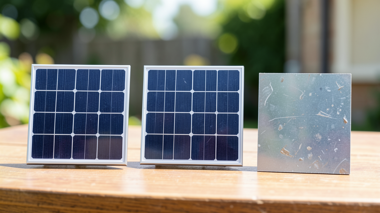 prix d un panneau photovoltaïque au m2 comparatif visuel montrant trois panneaux solaires différents disposés sur une table avec des étiquettes de prix