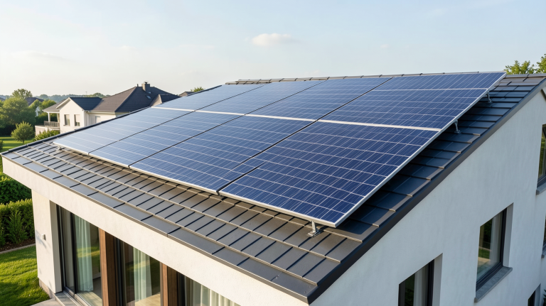 prix d un panneau photovoltaïque au m2 installé sur le toit d'une maison contemporaine