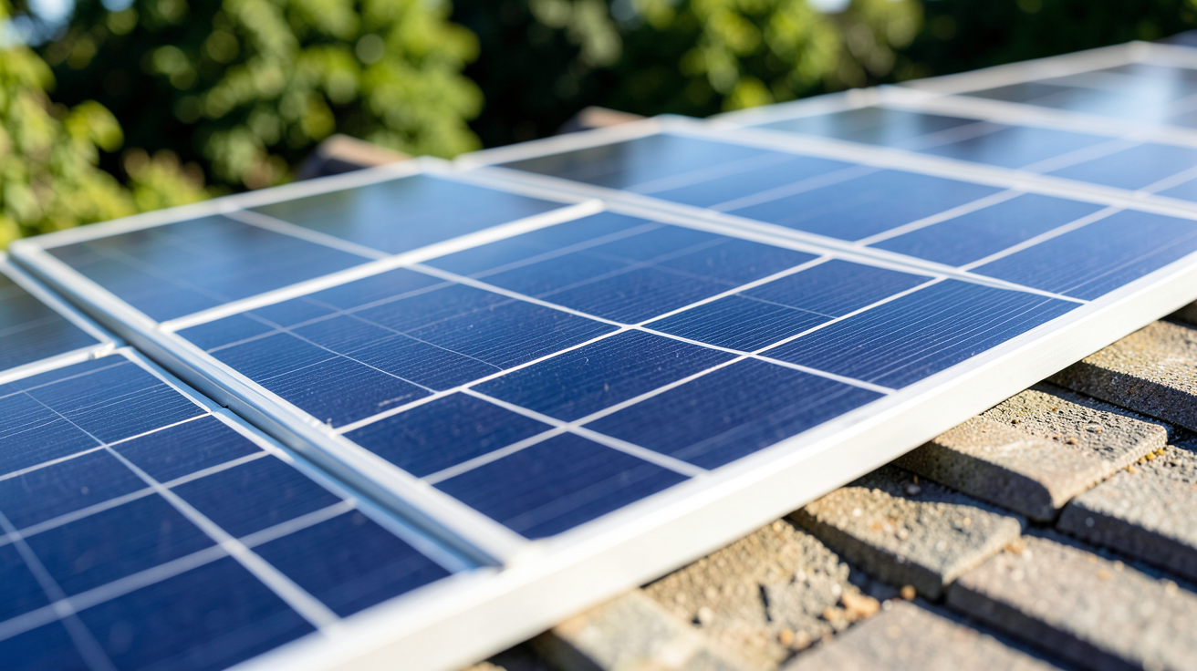 prix d un panneau photovoltaïque au m2 montrant un grand panneau solaire posé sur un toit avec une lumière du jour éclatante et la surface mesurée au mètre carré