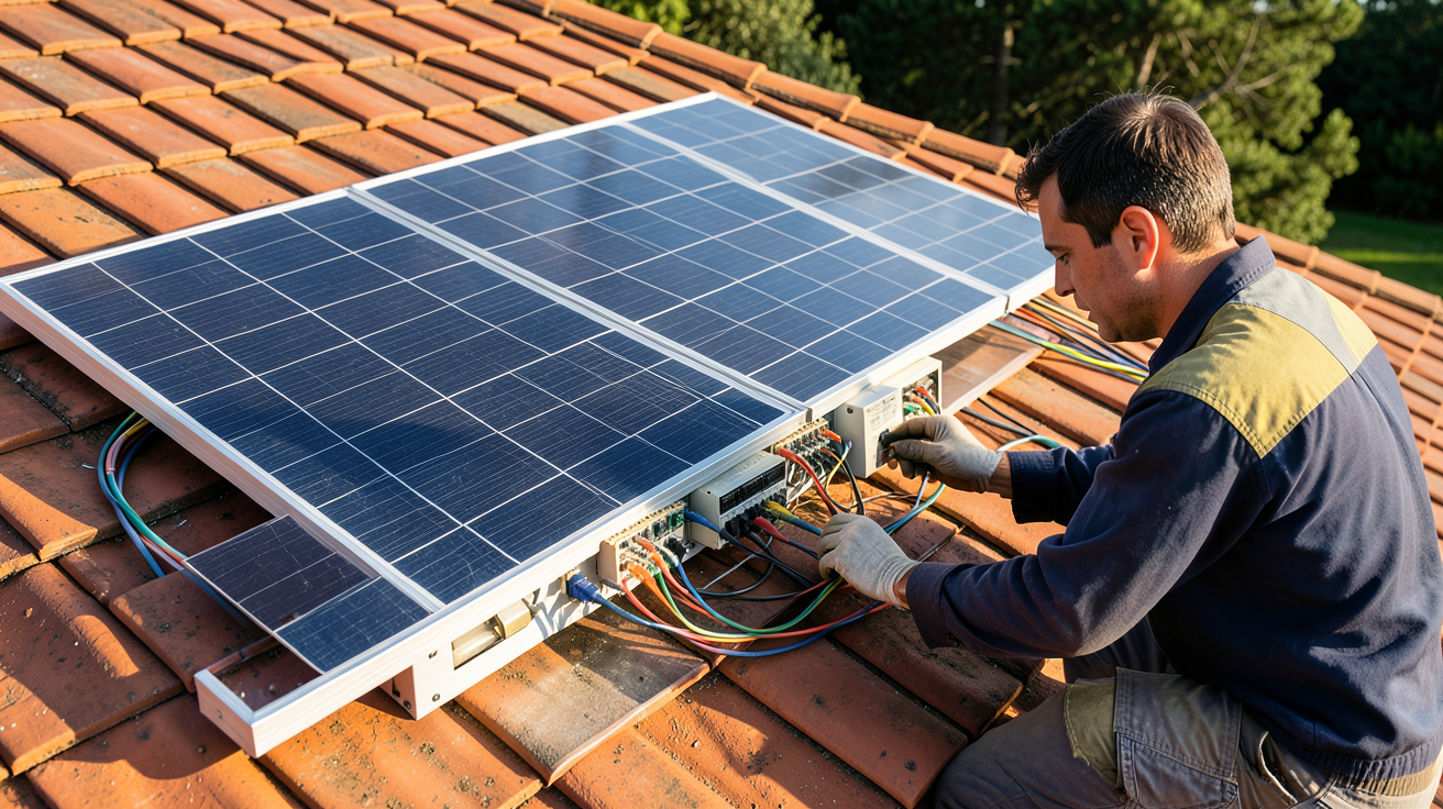 prix d'un panneau photovoltaïque illustrant les critères de coût avec un technicien analysant un panneau solaire sur un toit
