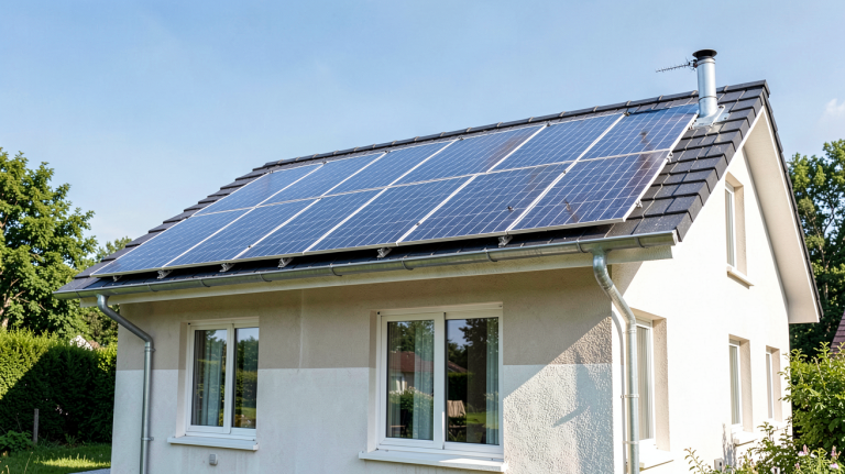 prix d un panneau solair installé sur le toit d'une maison moderne, capturé en haute résolution