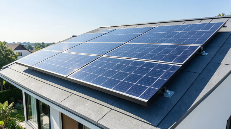 prix d un panneau solaire de 400w installé sur le toit d'une résidence moderne sous un ciel clair.