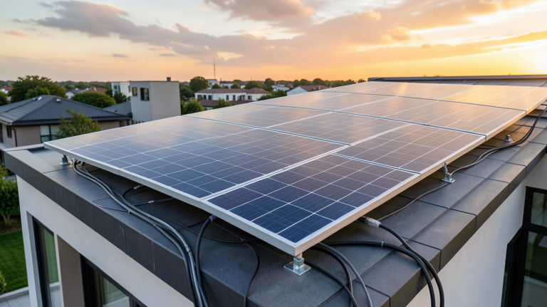 prix d un panneau voltaique installé sur le toit d'une maison moderne avec lumière naturelle