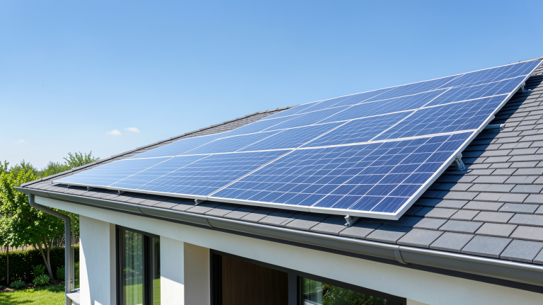 prix d une installation de panneaux photovoltaiques sur le toit d'une maison moderne sous un soleil radieux