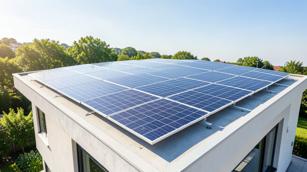prix d une installation de panneaux solaires sur le toit d'une maison résidentielle sous un ciel clair.