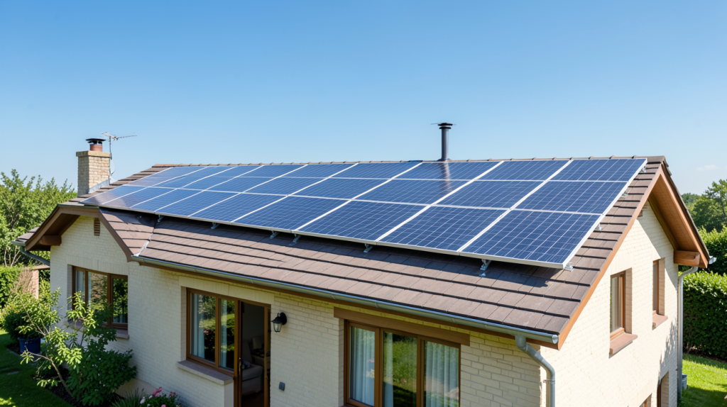 prix d une installation photovoltaique autoconsommation montrant des panneaux solaires installés sur un toit résidentiel sous un ciel clair