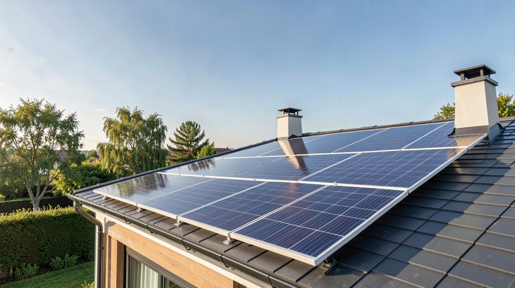 prix d une installation photovoltaique de 3 kwc installée sur le toit d'une maison moderne sous un ciel bleu