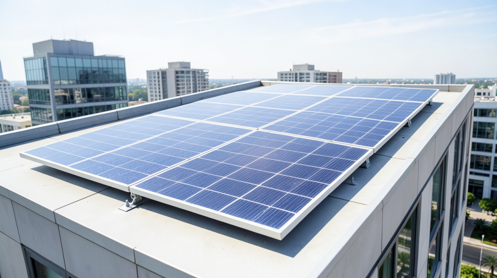 prix d une plaque photovoltaique installée sur un toit d'immeuble moderne avec un ciel dégagé
