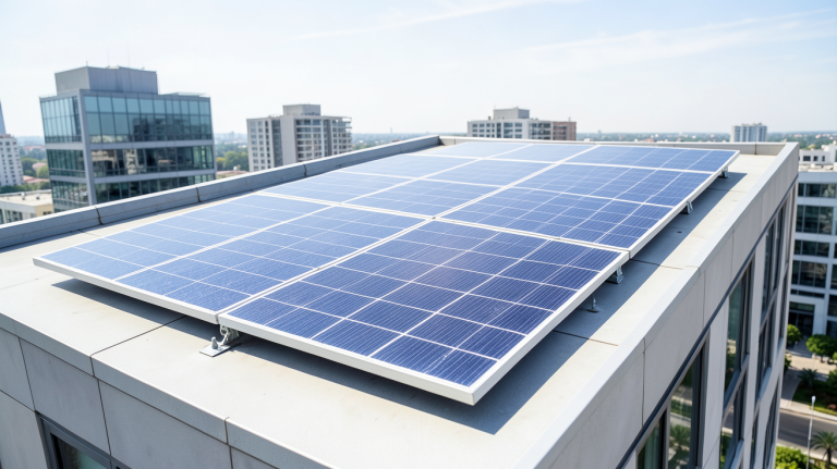 prix d une plaque photovoltaique installée sur un toit d'immeuble moderne avec un ciel dégagé
