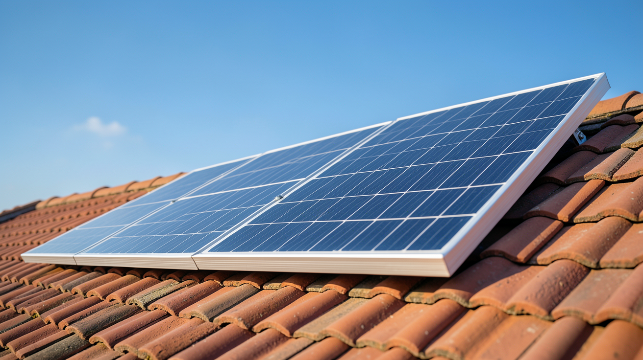 prix d une plaque photovoltaique d'un panneau solaire posé sur un toit en tuiles rouges sous un ciel bleu dégagé