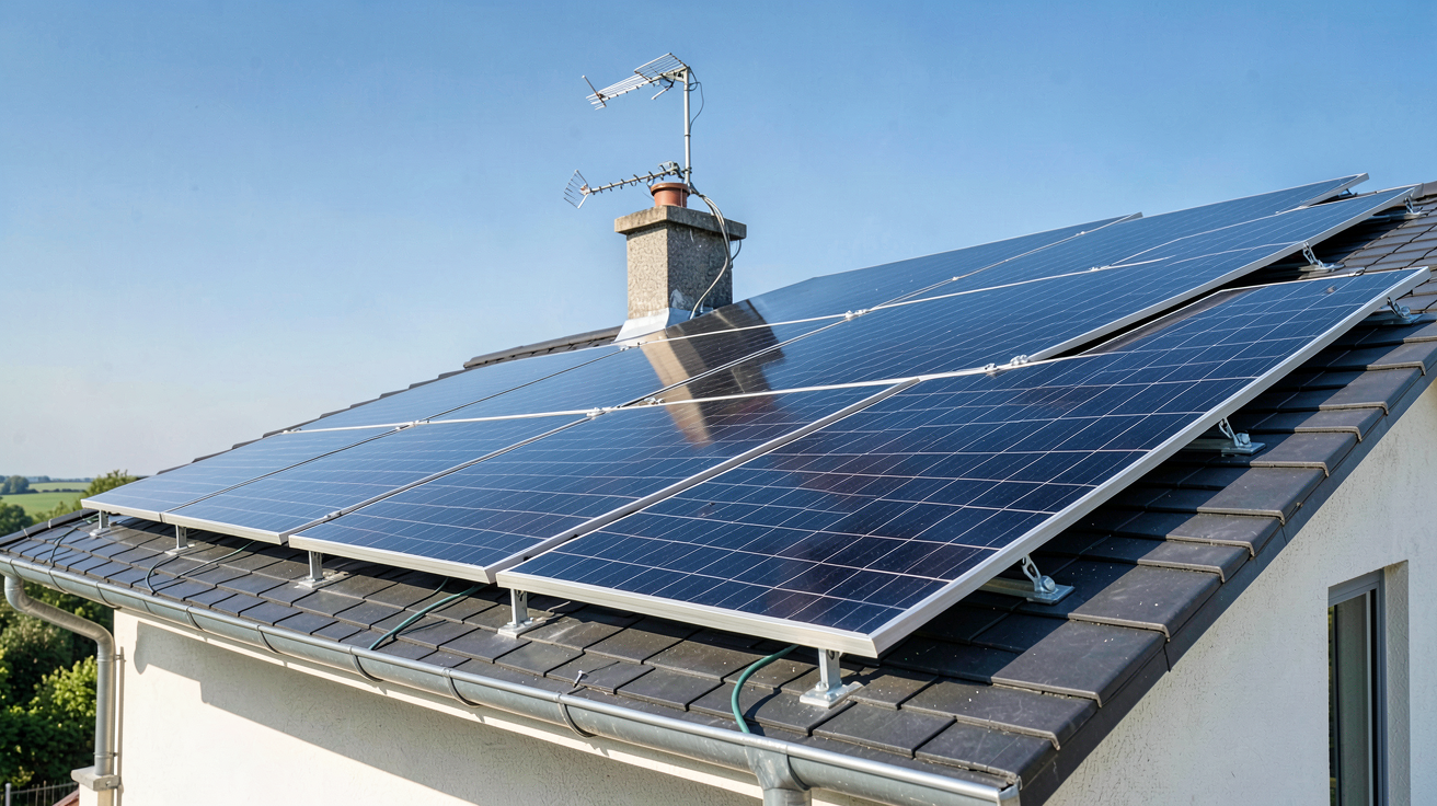 14 panneaux photovoltaïques noirs installés sur le toit d'une maison individuelle pour optimiser la puissance énergétique
