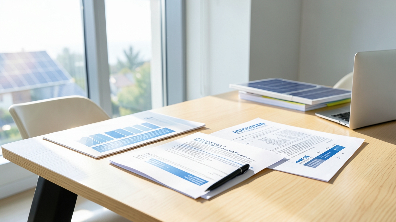 prix de panneau photovoltaïque : documents officiels et stylo sur un bureau illustrant les aides financières et dispositifs de soutien en 2025