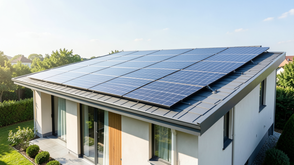 prix de panneau photovoltaïque panneaux photovoltaïques disposés sur un toit ensoleillé, illustrant le coût moyen du matériel.