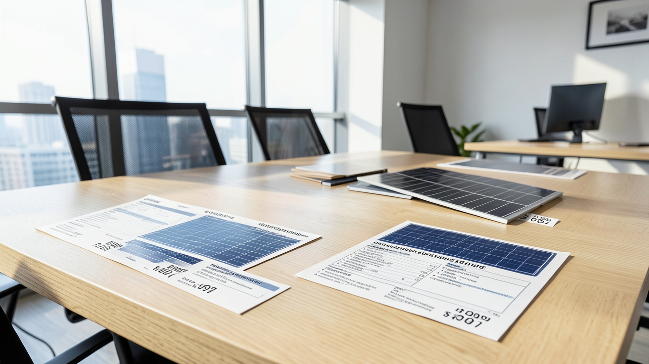 prix de panneau solaire comparatif des marques et modèles sur une table de bureau moderne avec échantillons et fiches techniques