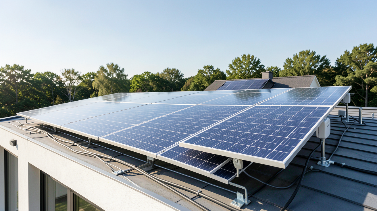 prix de panneau solaire pour maison installation 2026 vue sur le toit d'une maison moderne avec panneaux photovoltaïques
