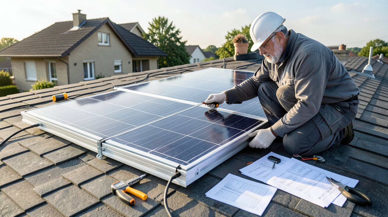 prix de panneaux photovoltaïque : installateur analysant un panneau solaire sur un toit avec des outils de mesure