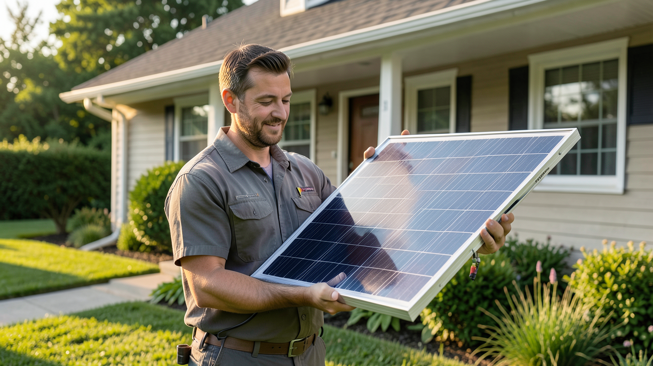 prix de panneaux photovoltaïque introduction 2025 avec installateur professionnel tenant un panneau solaire moderne