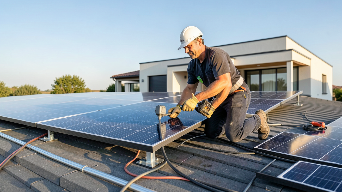 prix de pose panneaux photovoltaïque : installateur professionnel posant des panneaux solaires sur un toit de maison