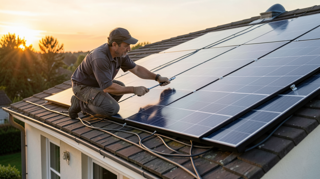 prix de pose panneaux photovoltaïque technicien installant des panneaux solaires sur un toit de maison