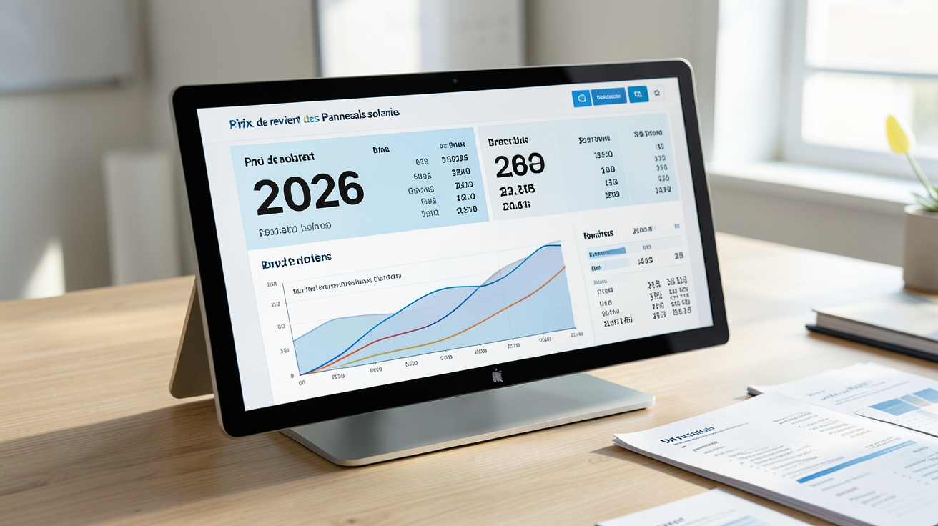 prix de revient panneaux solaires : tableau de bord financier affichant des chiffres clés et tendances pour 2026