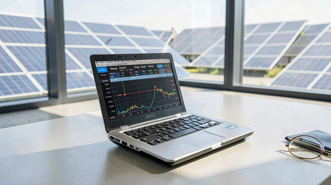 prix de revient photovoltaïque calculé sur un bureau avec panneaux solaires en arrière-plan