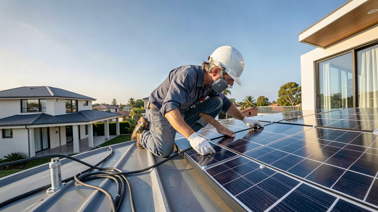 prix de revient photovoltaique installation solaire 2026 avec installateur professionnel vérifiant les panneaux sur un toit résidentiel