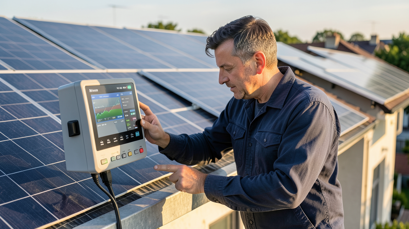 prix de vente électricité photovoltaïque : installateur vérifiant les données de production d'un panneau solaire sur un boîtier de monitoring