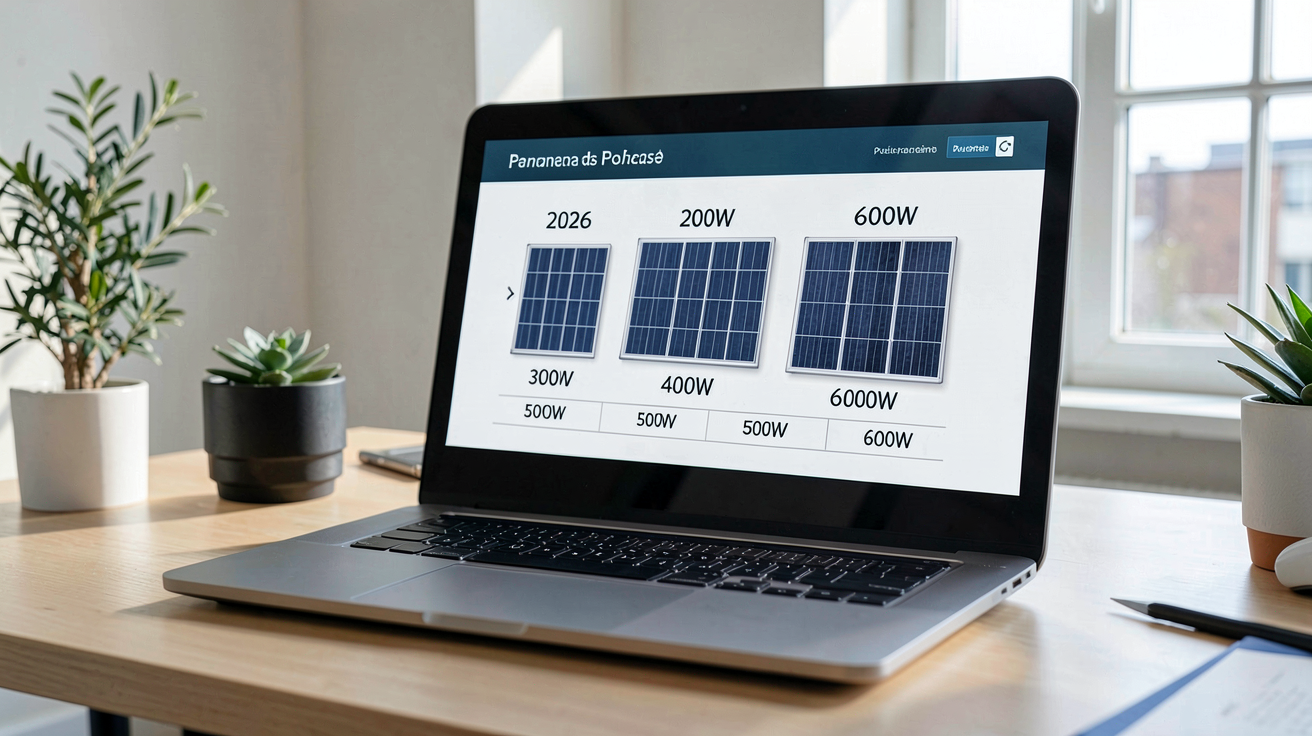 prix des panneaux solaires 2026 par puissance affichés sur un écran d'ordinateur portable dans un bureau moderne