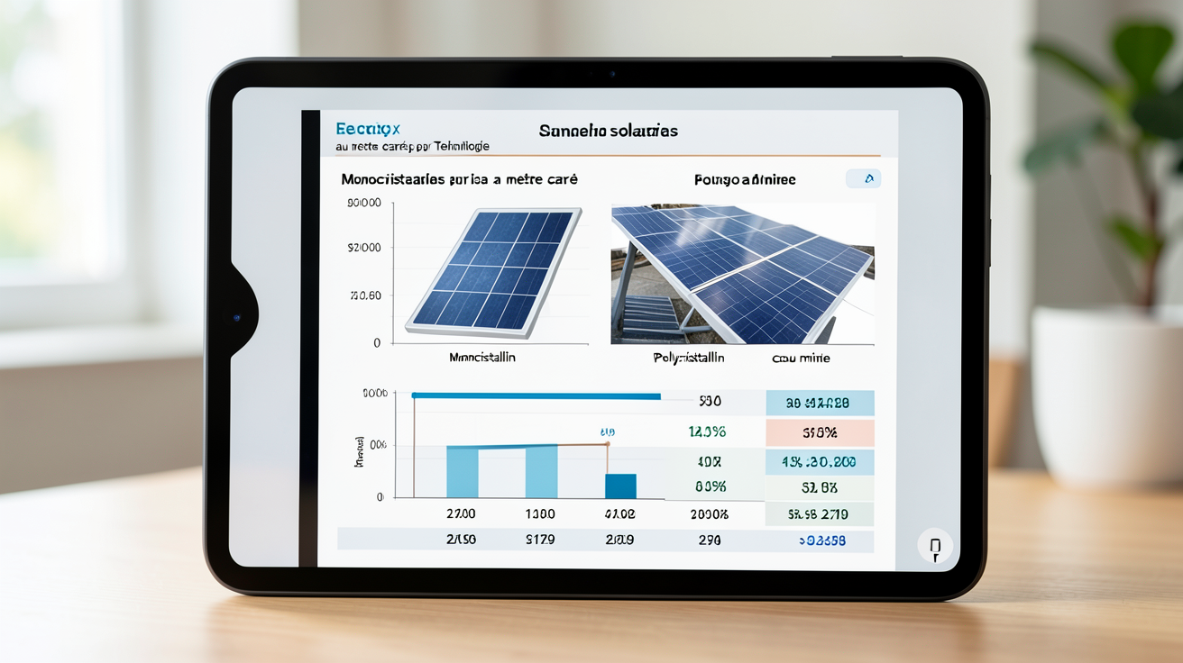 prix des panneaux solaires au m2 détail par technologie affiché sur un écran professionnel