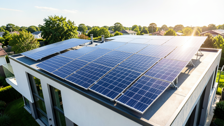 prix des panneaux solaires photovoltaïques installés sur le toit d'une maison moderne sous un ciel clair