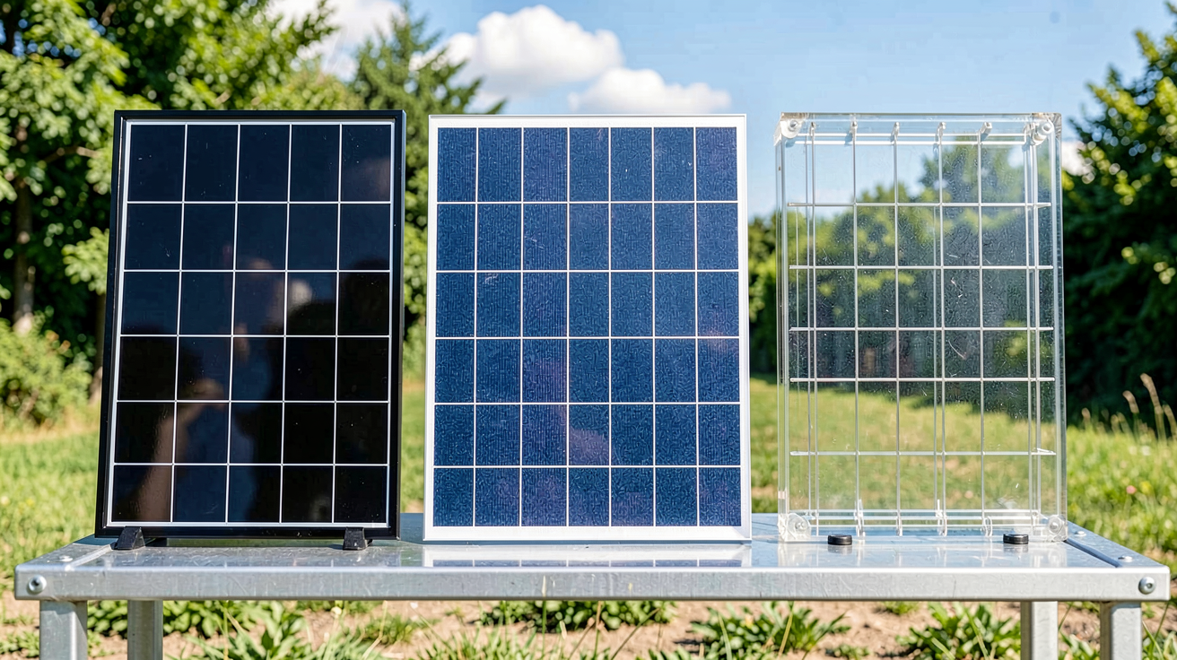 prix des panneaux solaires par technologie : monocristallin, polycristallin et bifacial exposés côte à côte en extérieur
