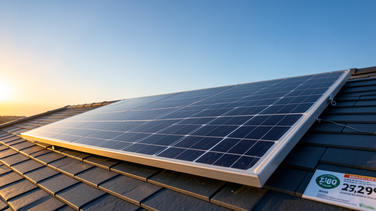 prix des panneaux voltaiques coût au watt par modèle 2024 panneau solaire monocristallin posé sur toit moderne avec étiquette de prix